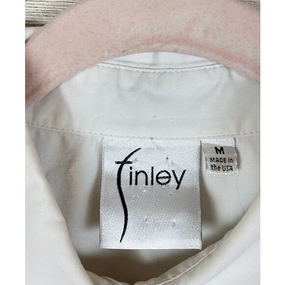 Finley Women’s M Top White 3/4 Sheer Sleeve Button-up collared Blouse Stretch - Picture 4 of 5